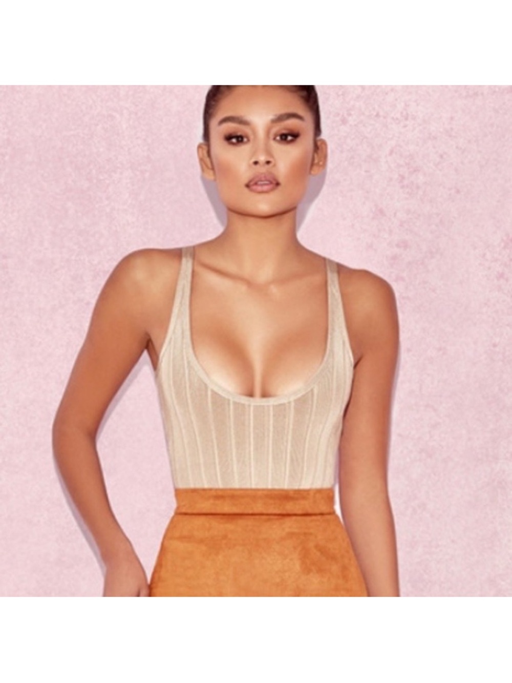 PERLE Taupe Ribbed Bandage Bodysuit